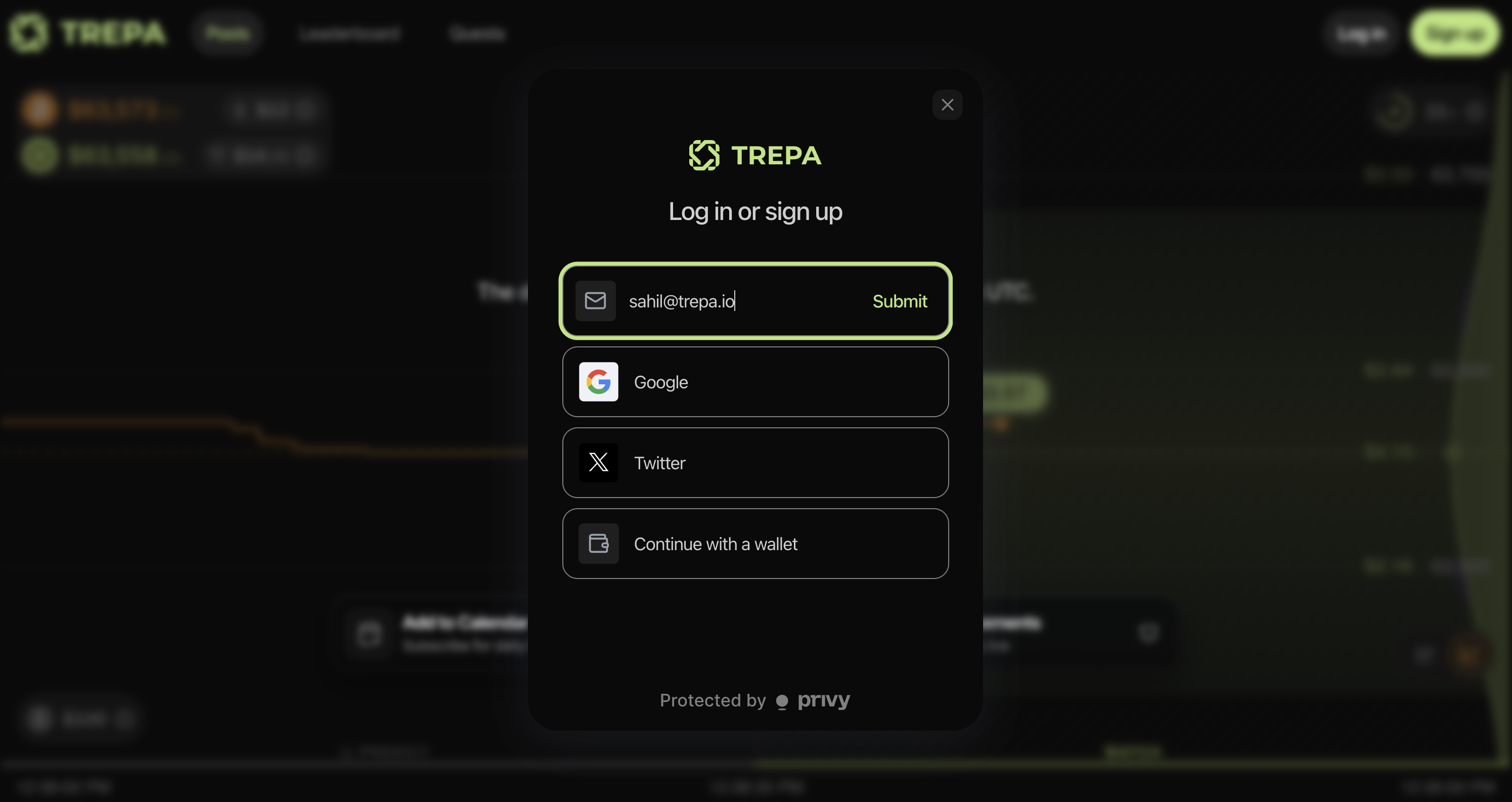 Trepa auth modal: email field with Submit, plus Google, X, and wallet options.