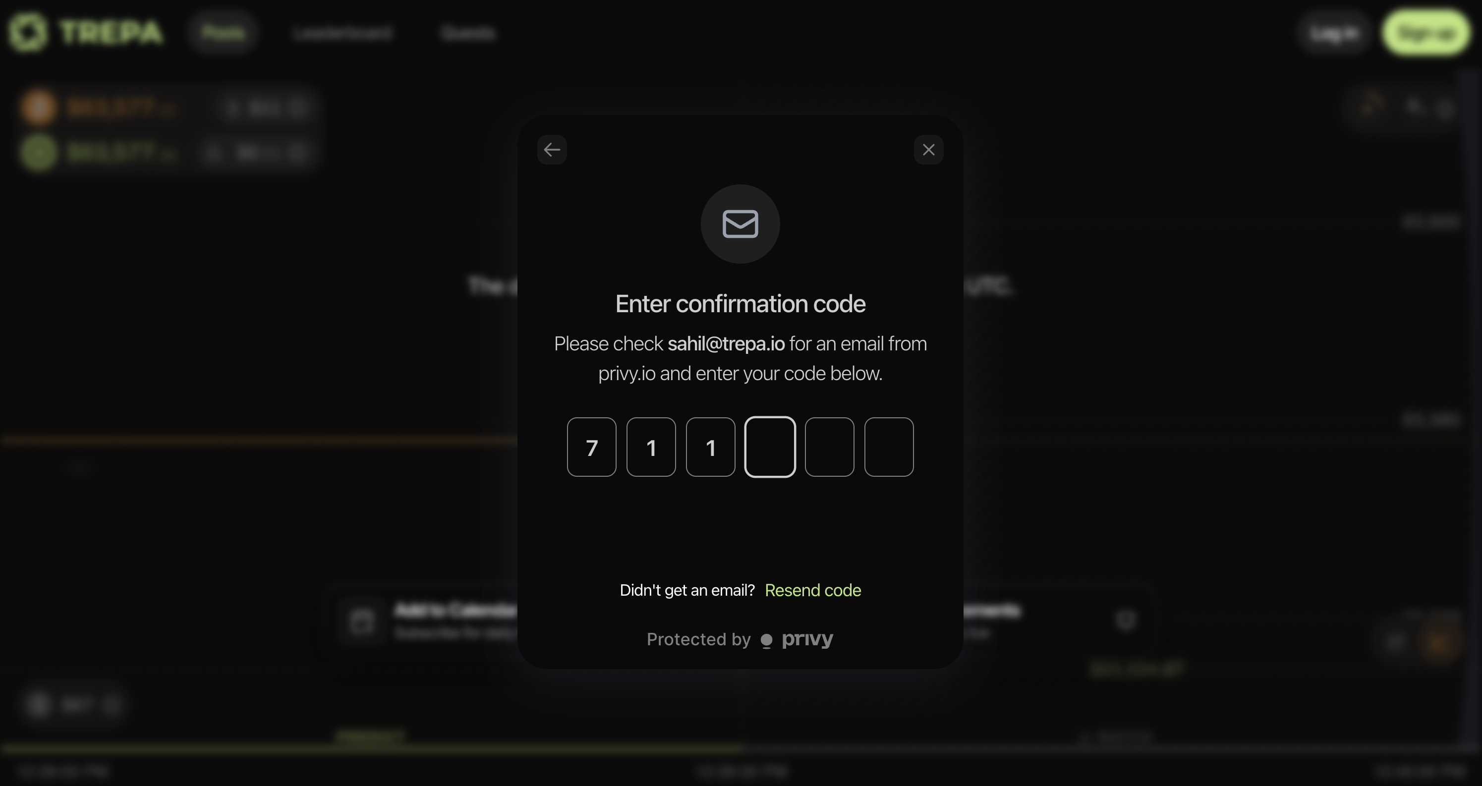 Enter confirmation code: six digit inputs, email hint from privy.io, and Resend code link.
