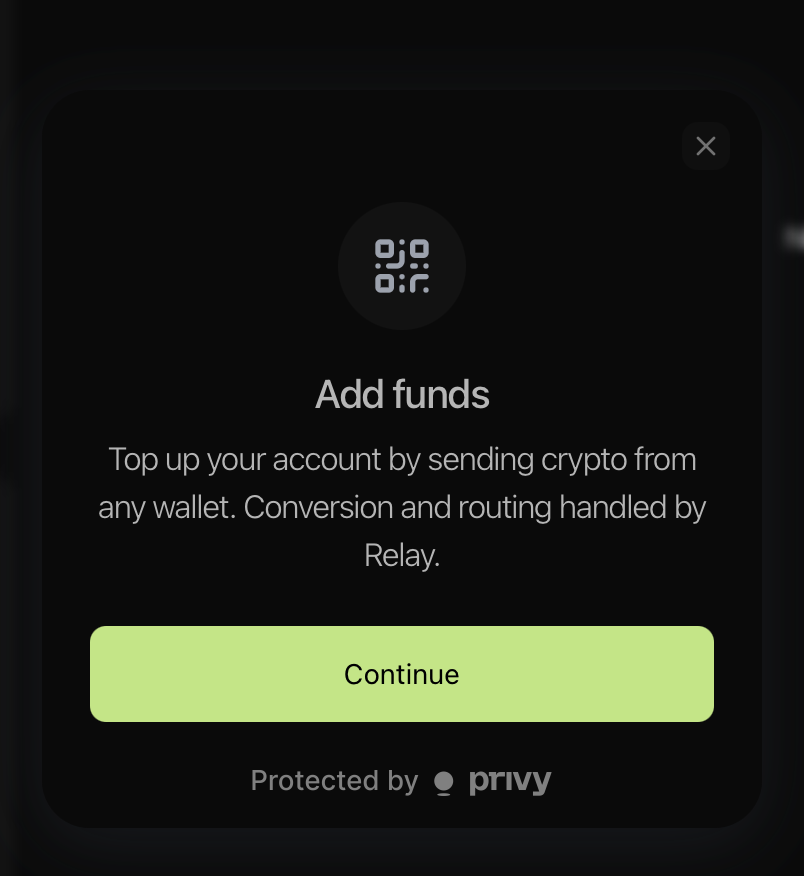 Add funds: top up by sending crypto from any wallet, conversion and routing handled by Relay, Continue button.