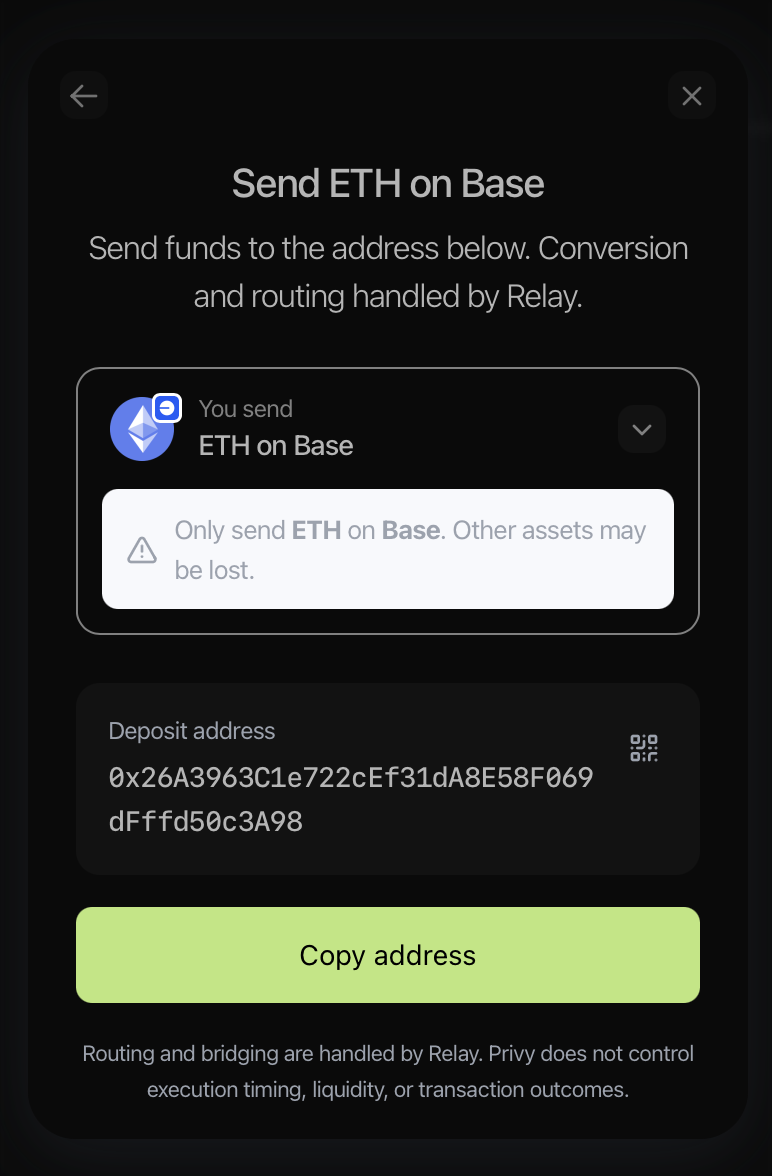 Send ETH on Base: deposit address with Copy address button; warning to only send the correct asset on the correct network.