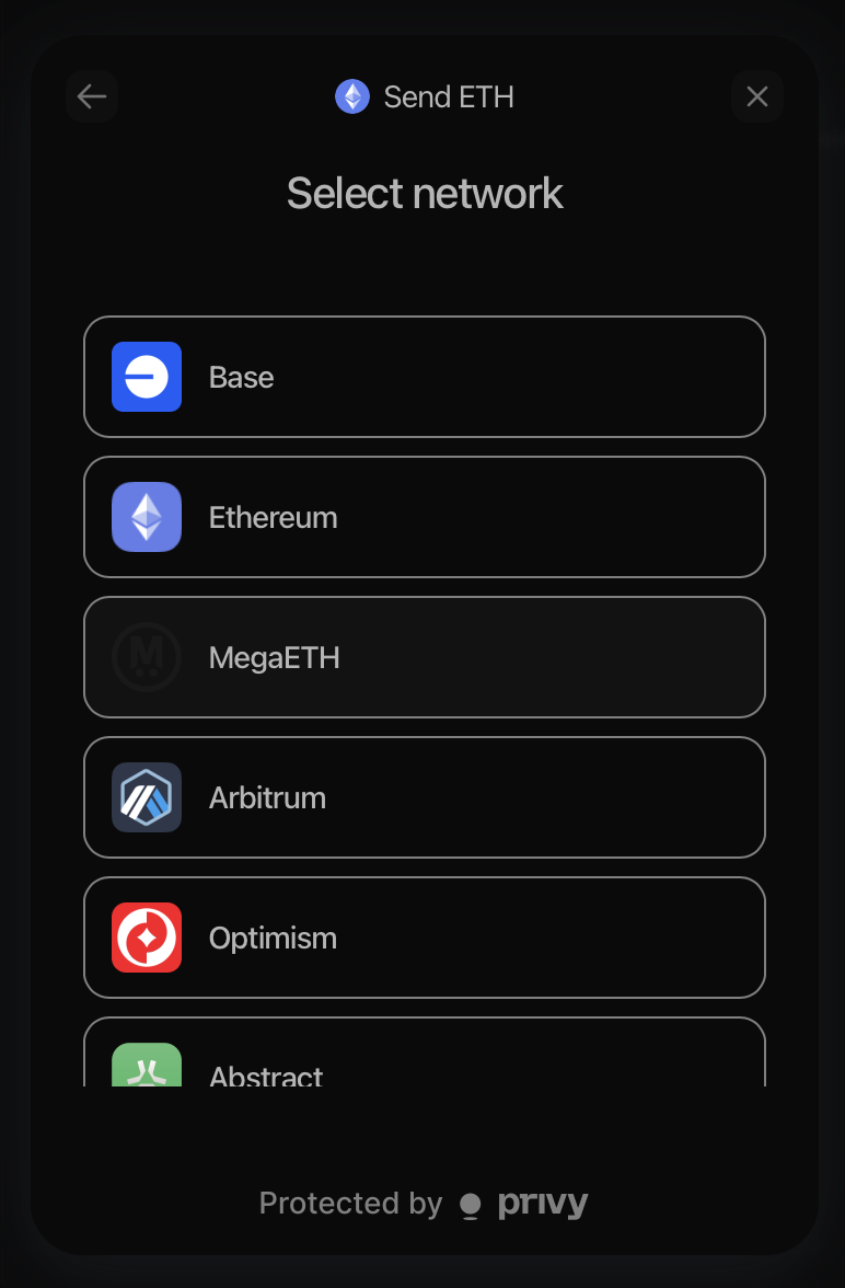 Select network screen showing available networks for the chosen token, for example Base, Ethereum, MegaETH, Arbitrum, Optimism, and Abstract.