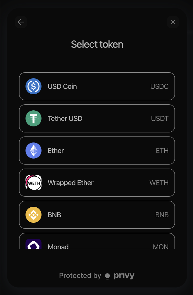 Select token screen showing USDC, USDT, ETH, WETH, BNB, and Monad.