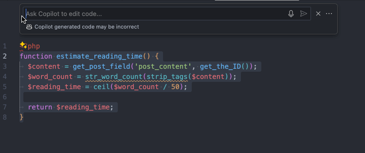 GitHub Copilot fixing our read time estimate function from a prompt
