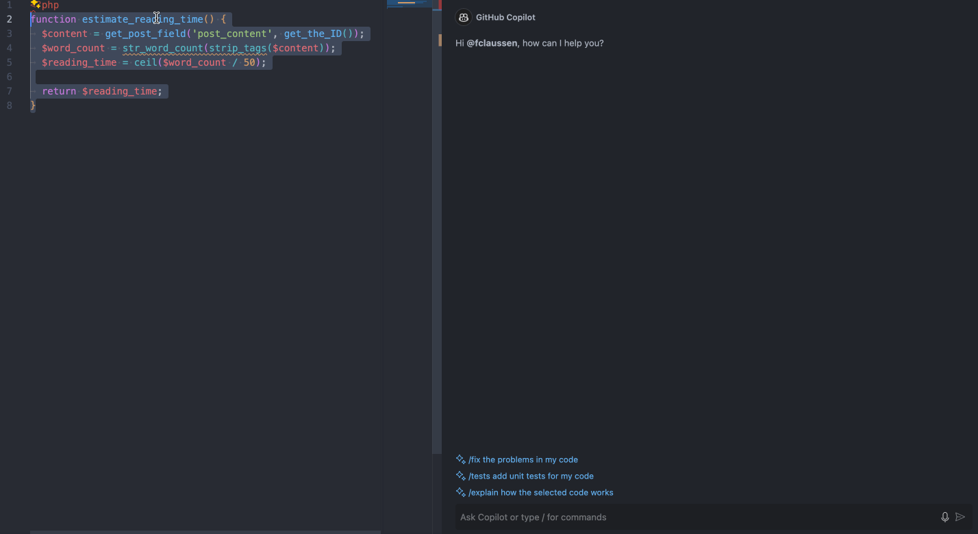 GitHub Copilot fixing our read time estimate function from chat