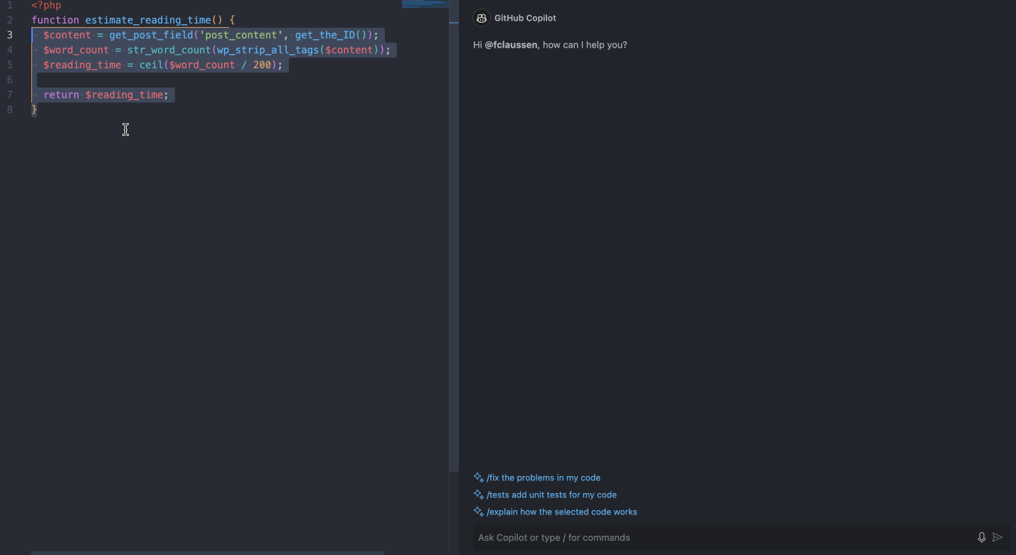 GitHub Copilot explaining our read time estimate function