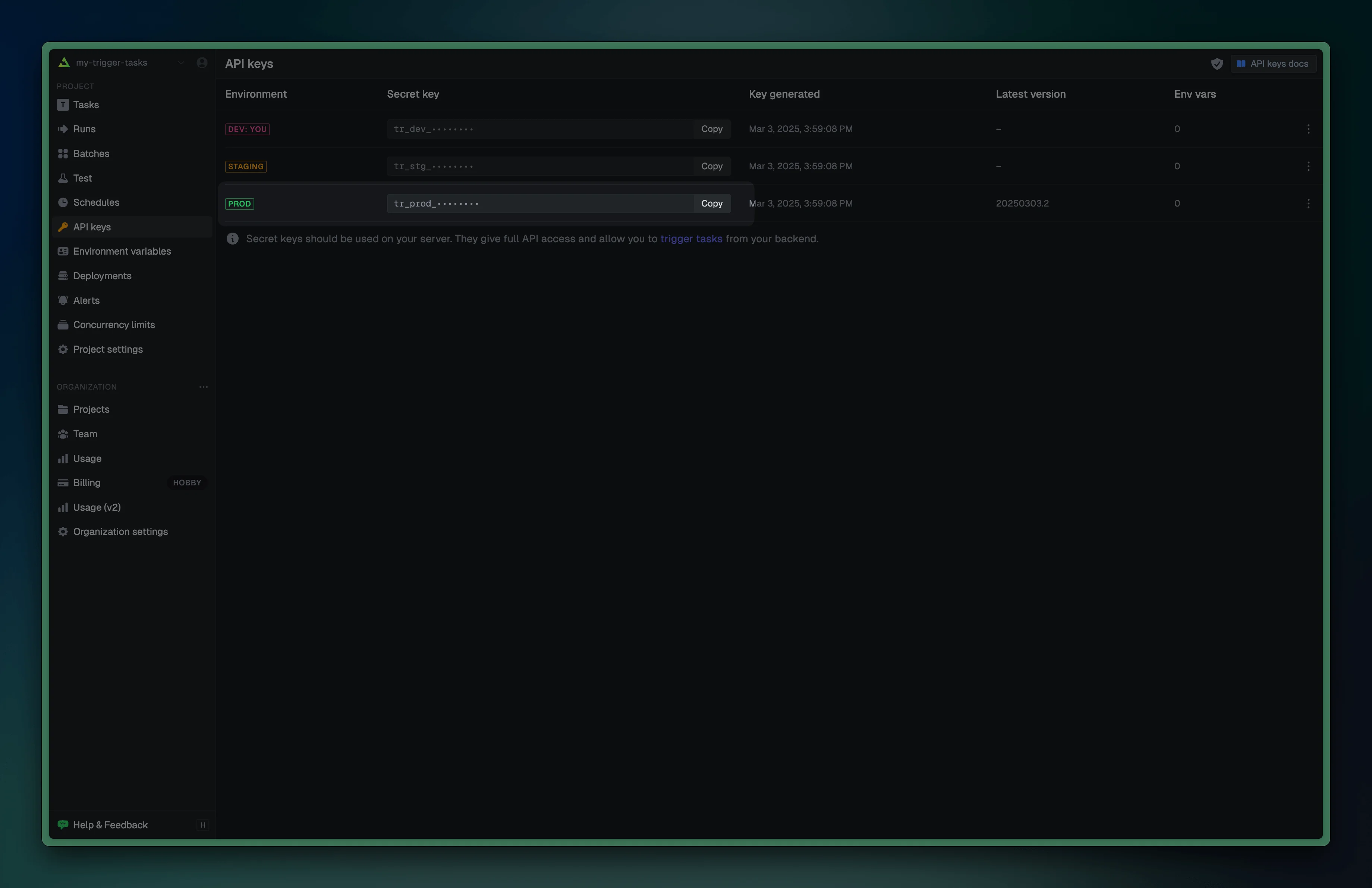 Trigger.dev dashboard showing the API key
