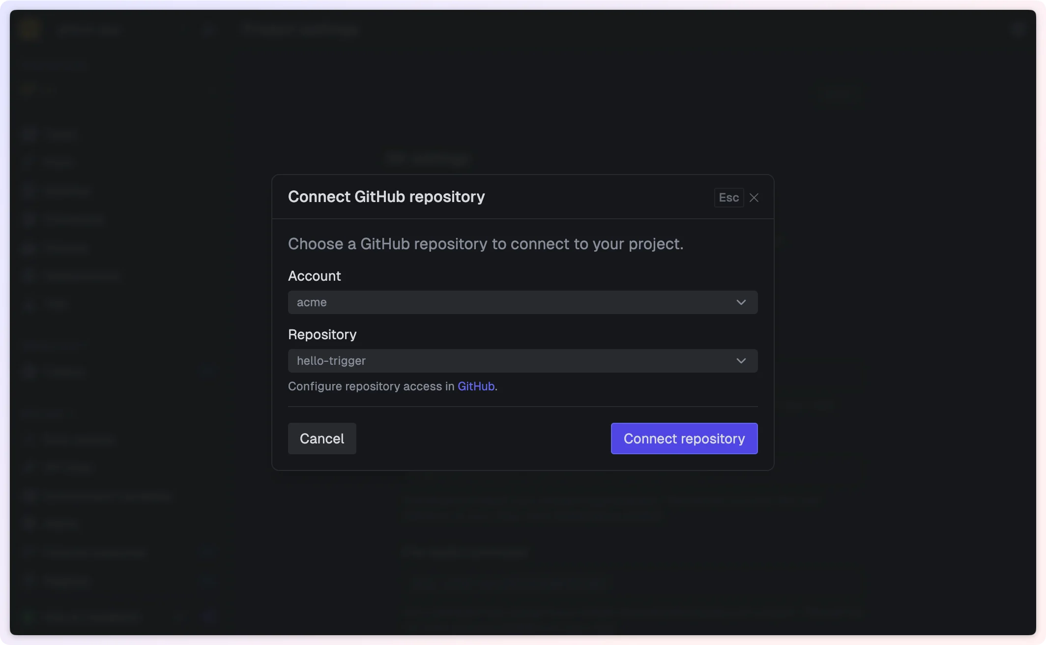 Trigger.dev prompt to connect a GitHub repository