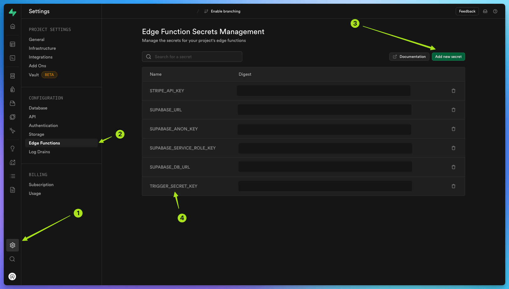 Add secret key in Supabase