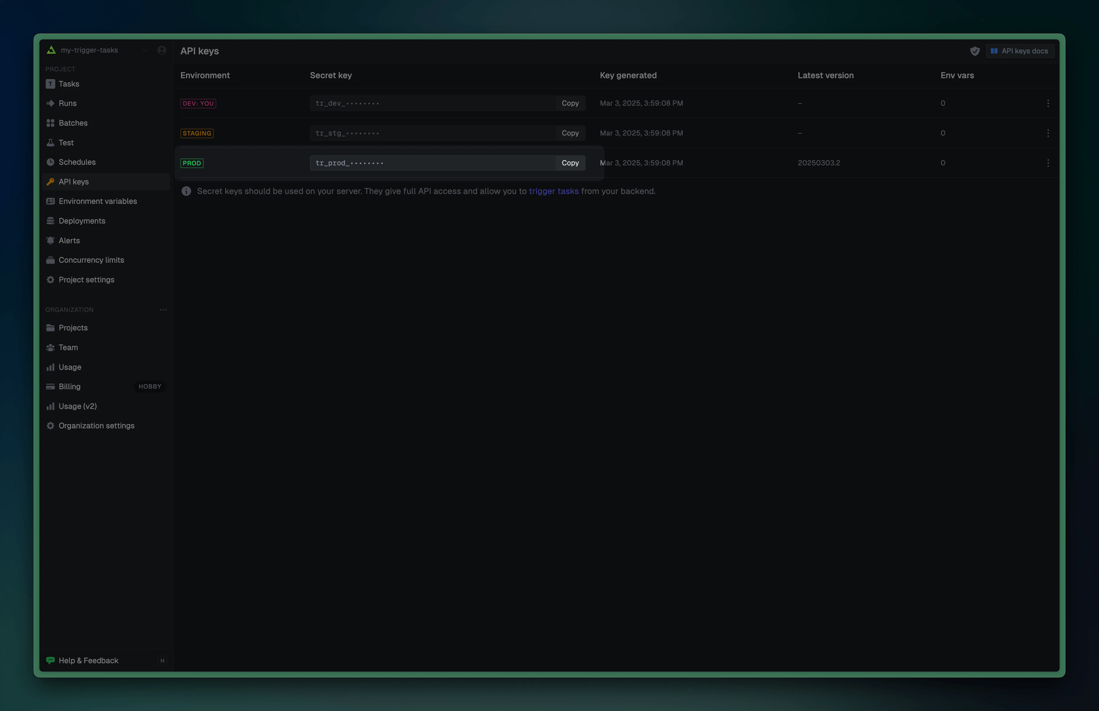 Trigger.dev dashboard showing the API key