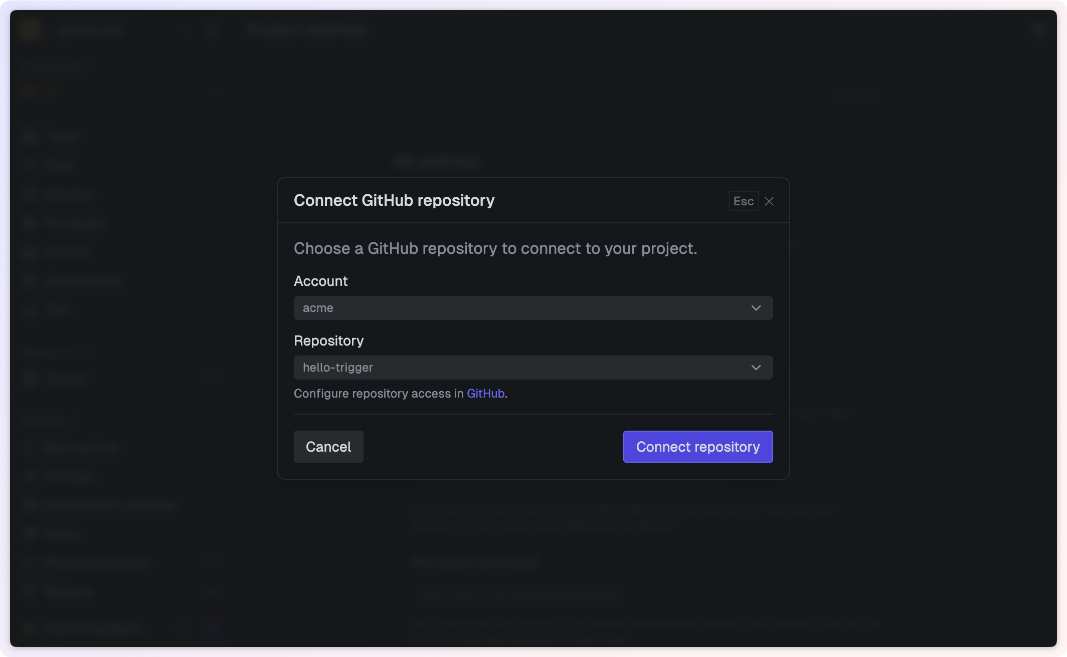 Trigger.dev prompt to connect a GitHub repository