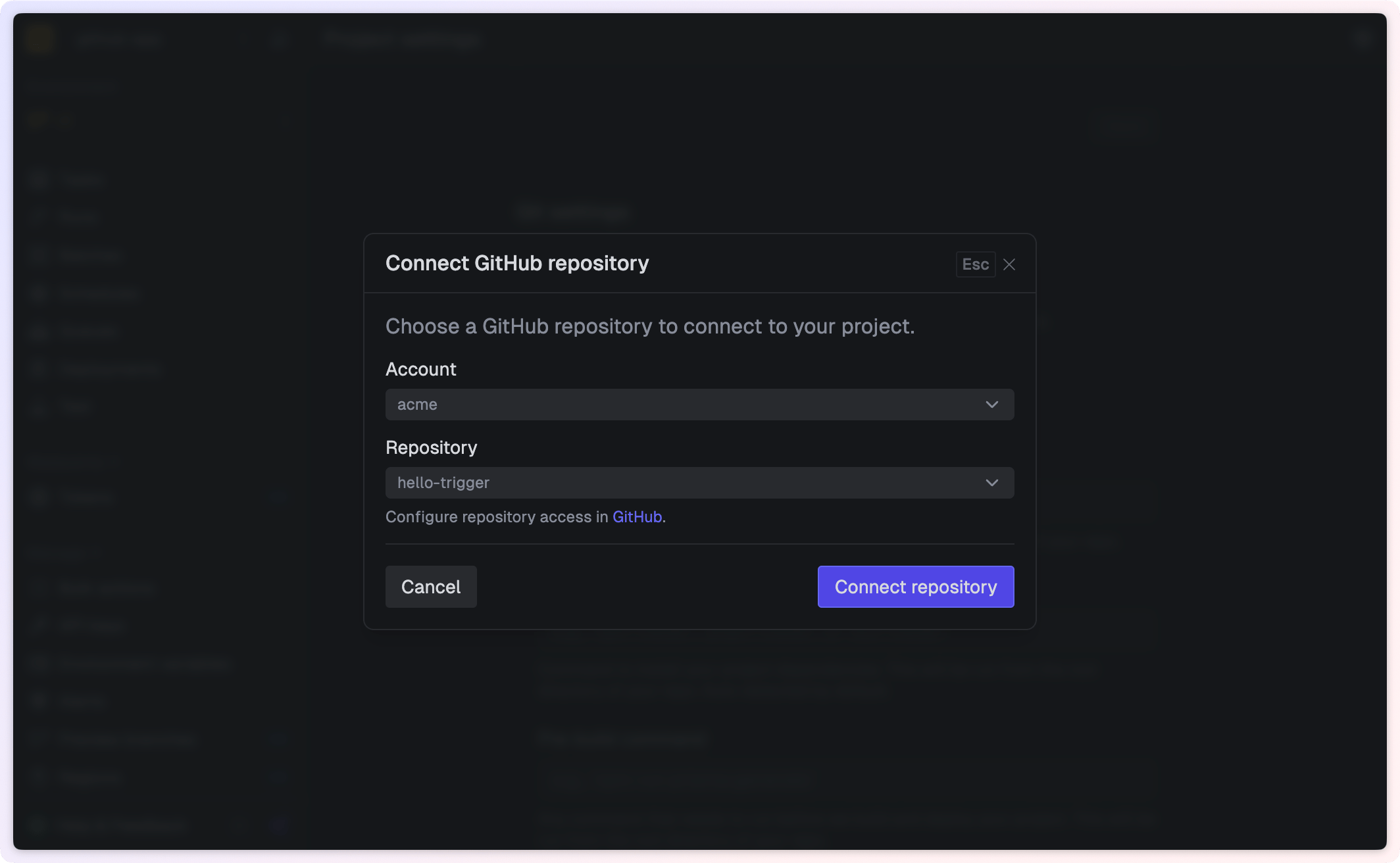 Trigger.dev prompt to connect a GitHub repository