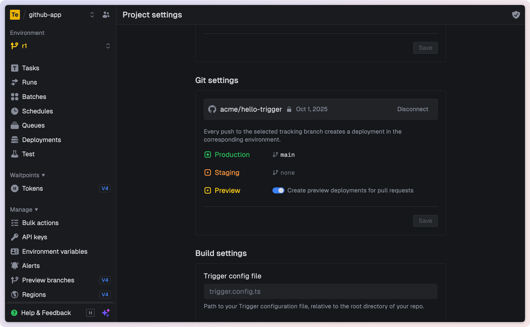 Trigger.dev project git settings