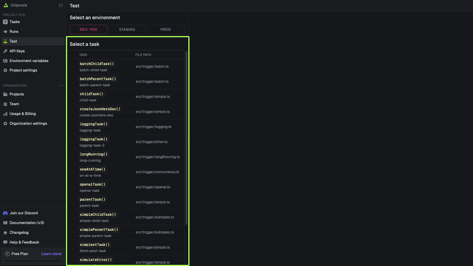 Select the task to test