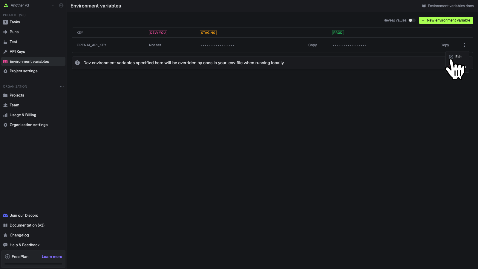 Environment variables page