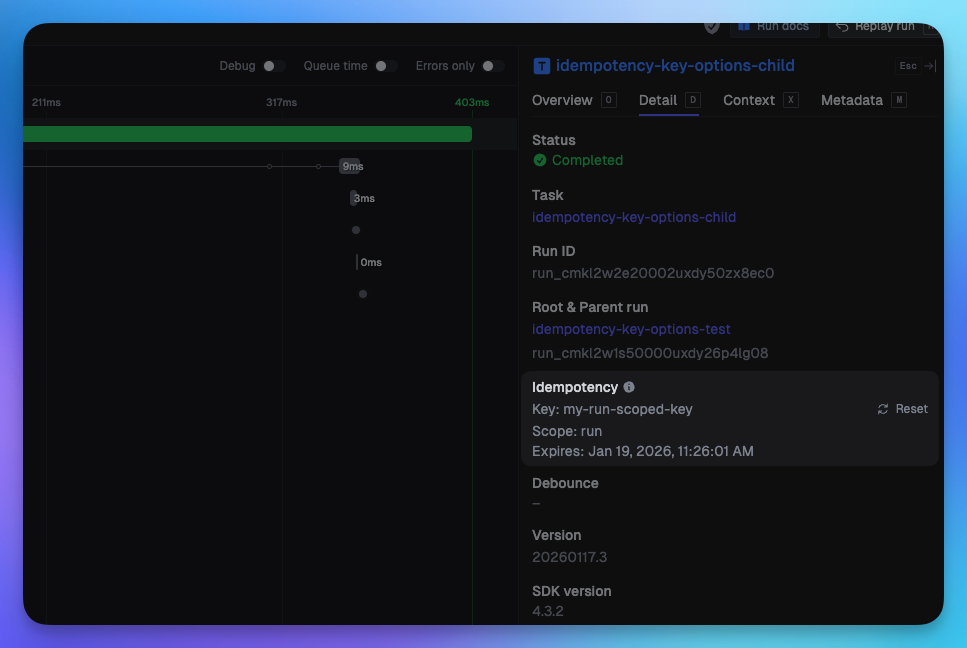 Idempotency section in the run details pane showing the key, scope, and expiration time