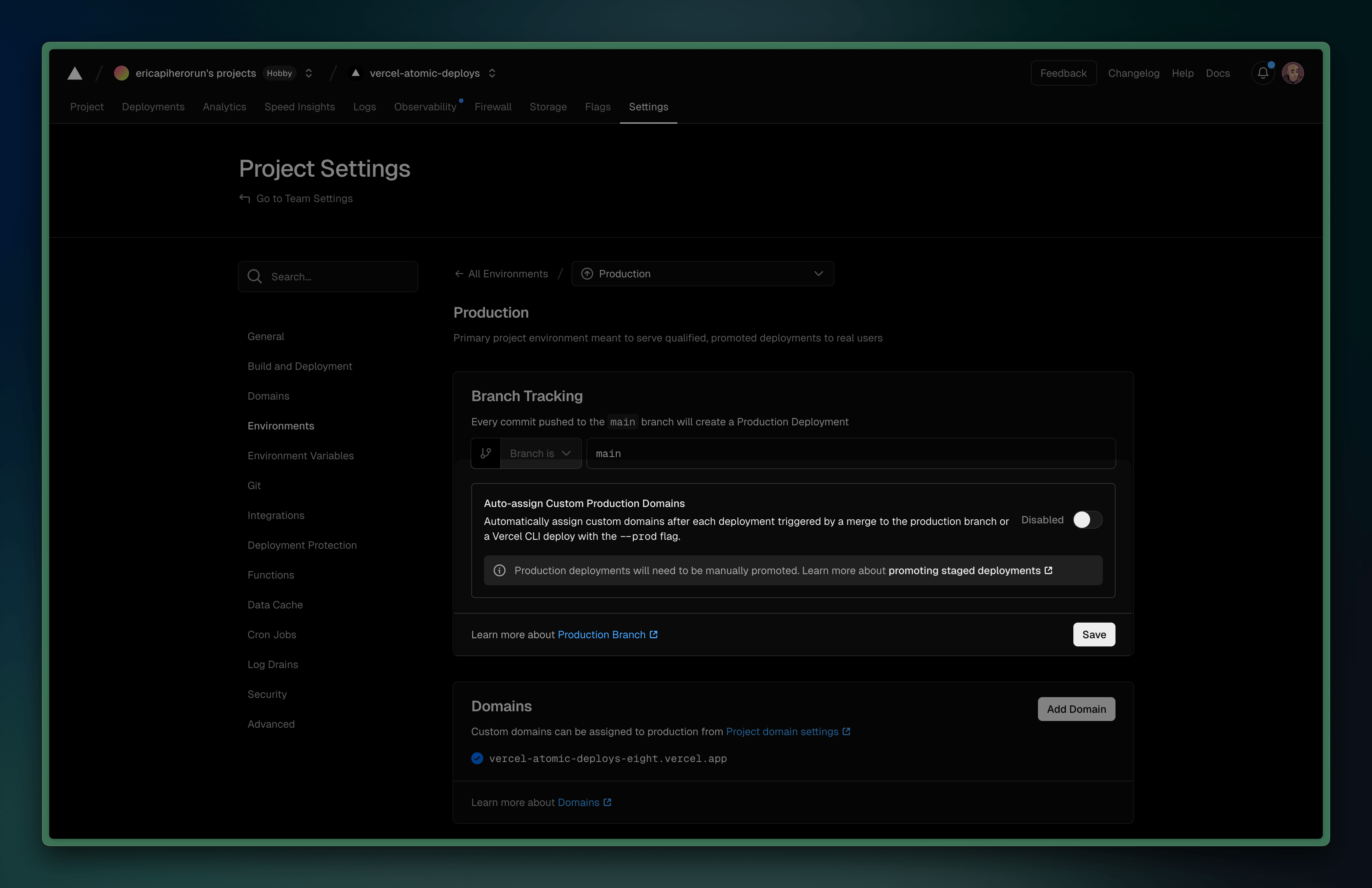 Vercel project settings showing the auto-promotion setting
