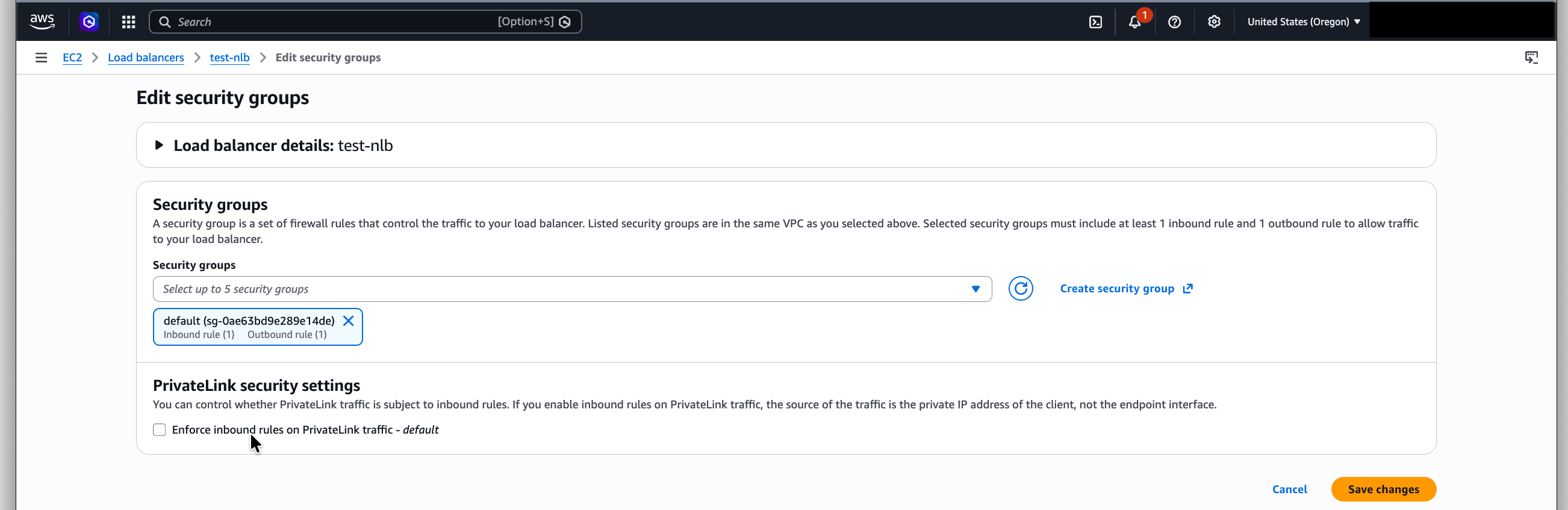 Uncheck Enforce inbound rules on PrivateLink traffic on the NLB