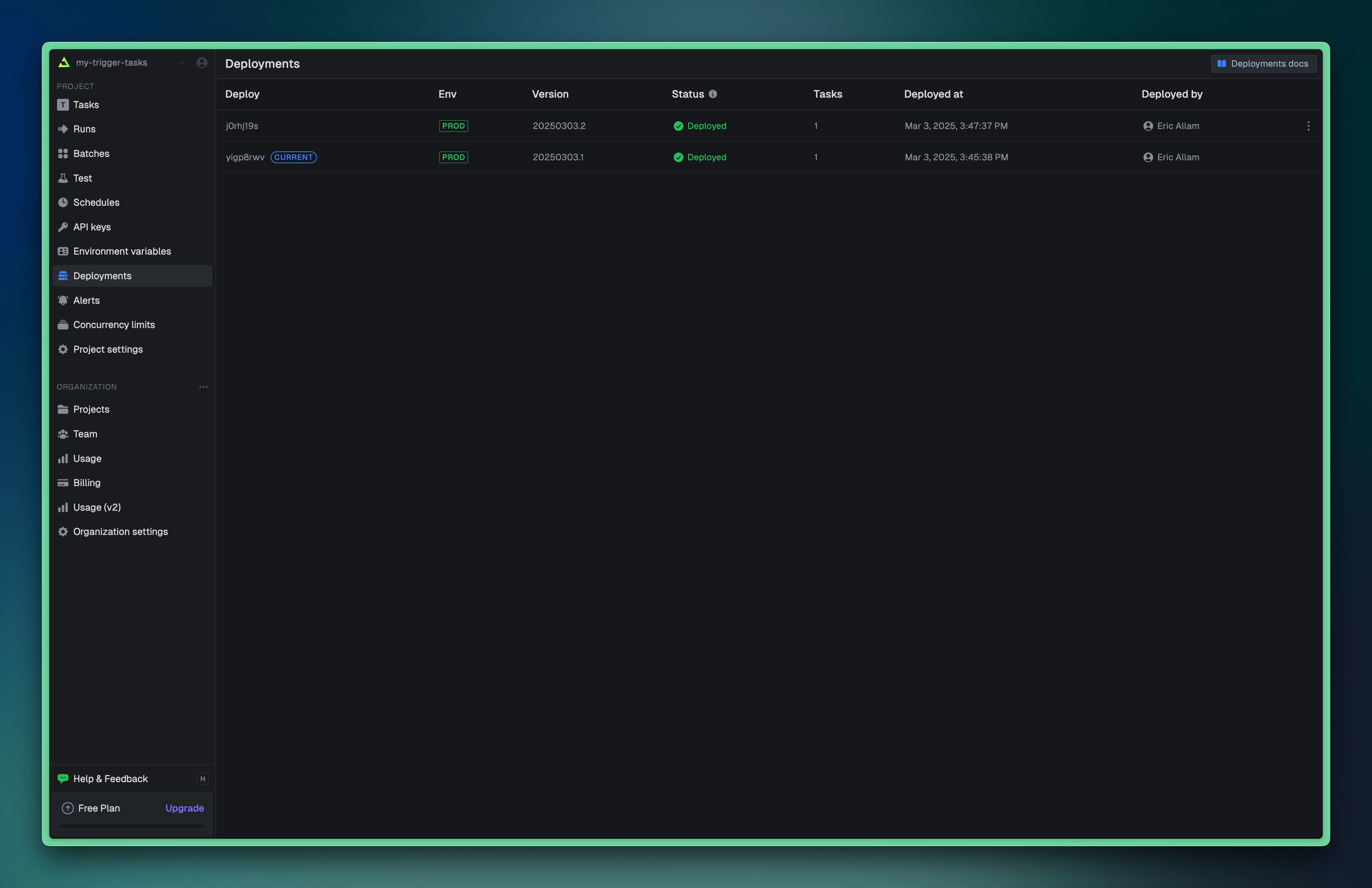 Trigger.dev dashboard showing the latest version deployed but not promoted