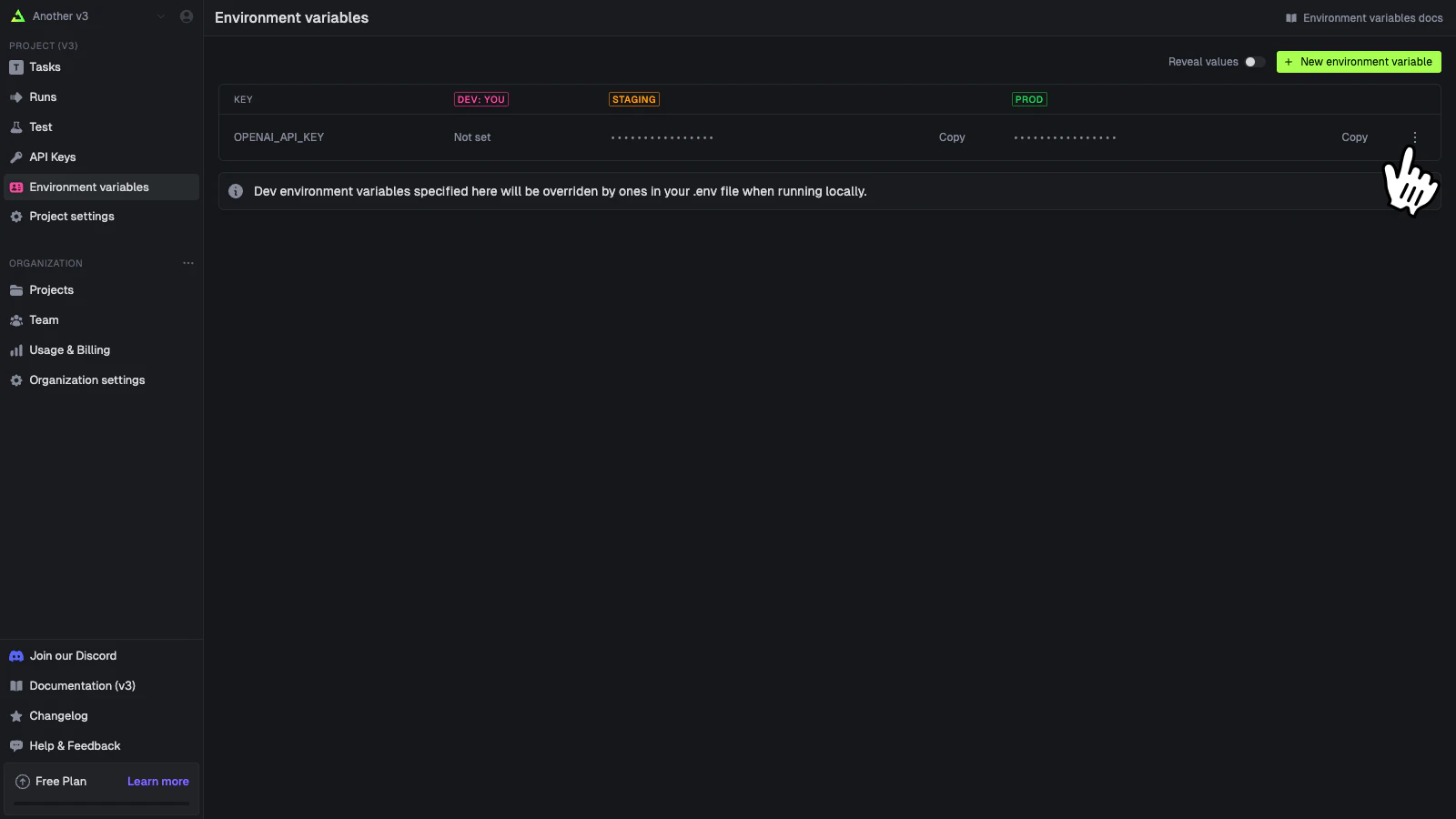 Environment variables page