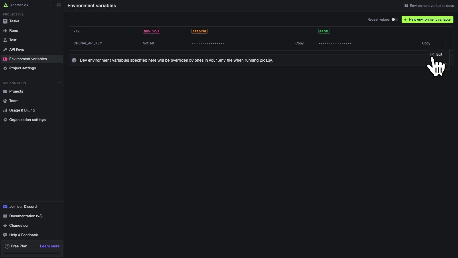 Environment variables page