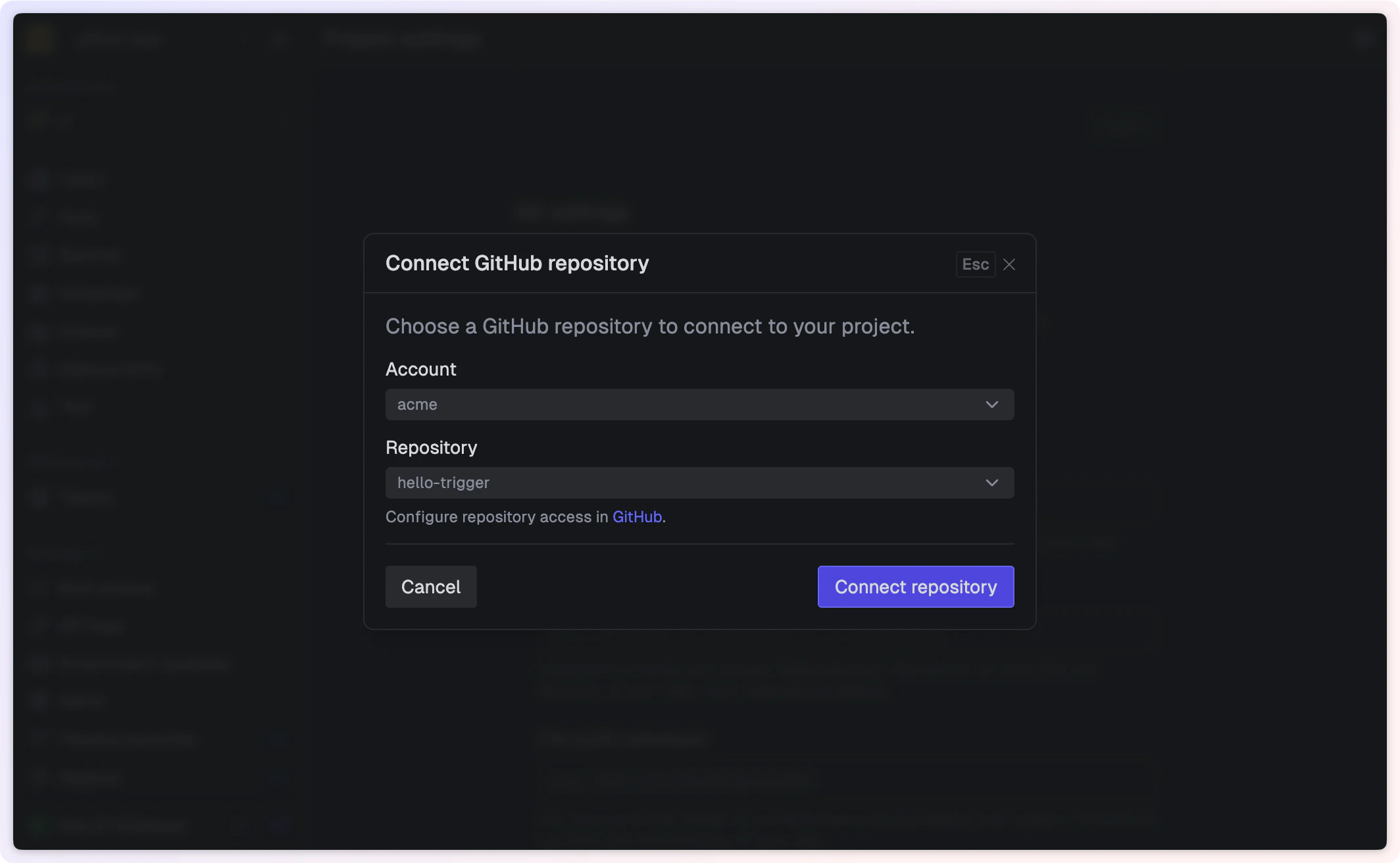 Trigger.dev prompt to connect a GitHub repository