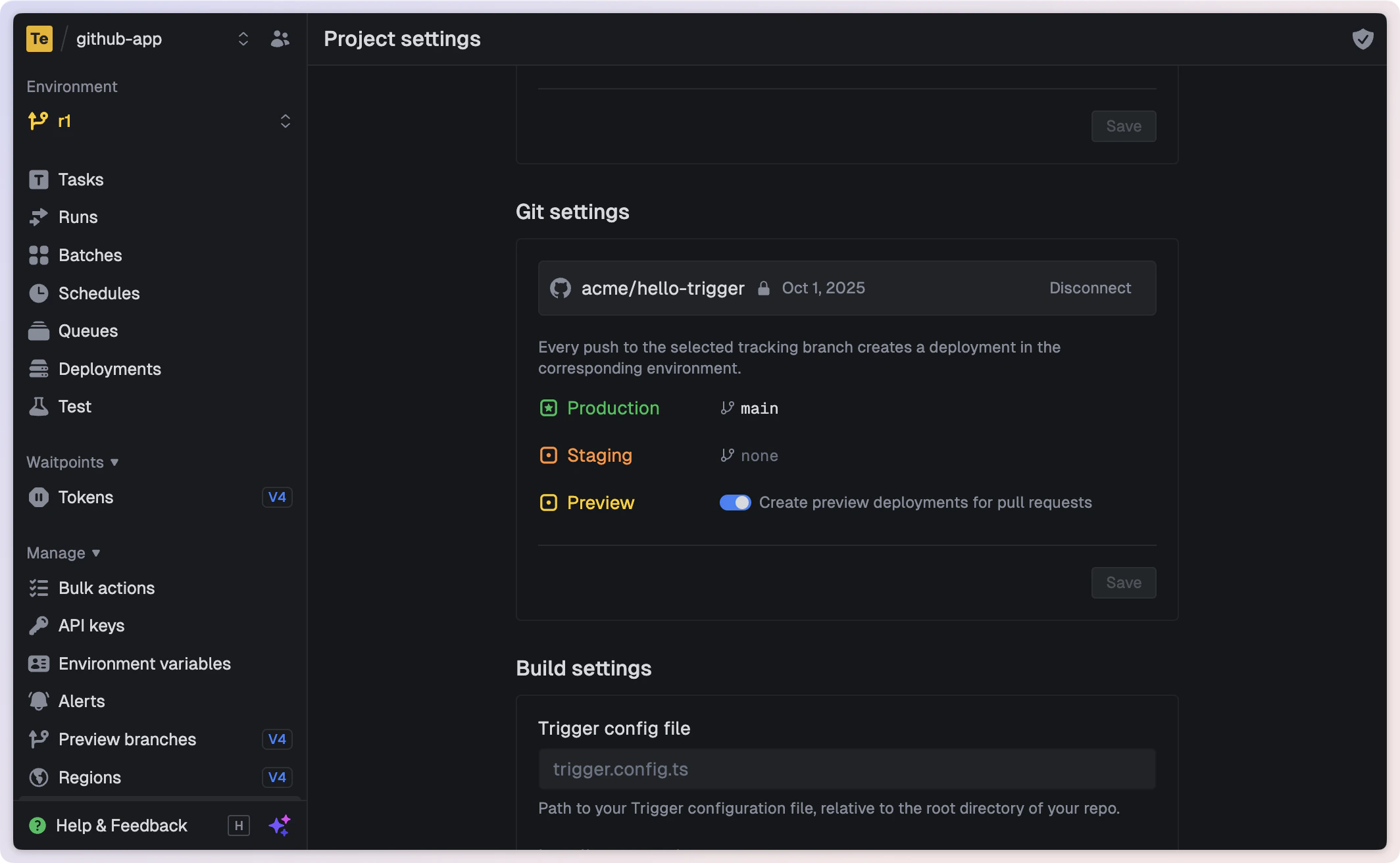 Trigger.dev project git settings