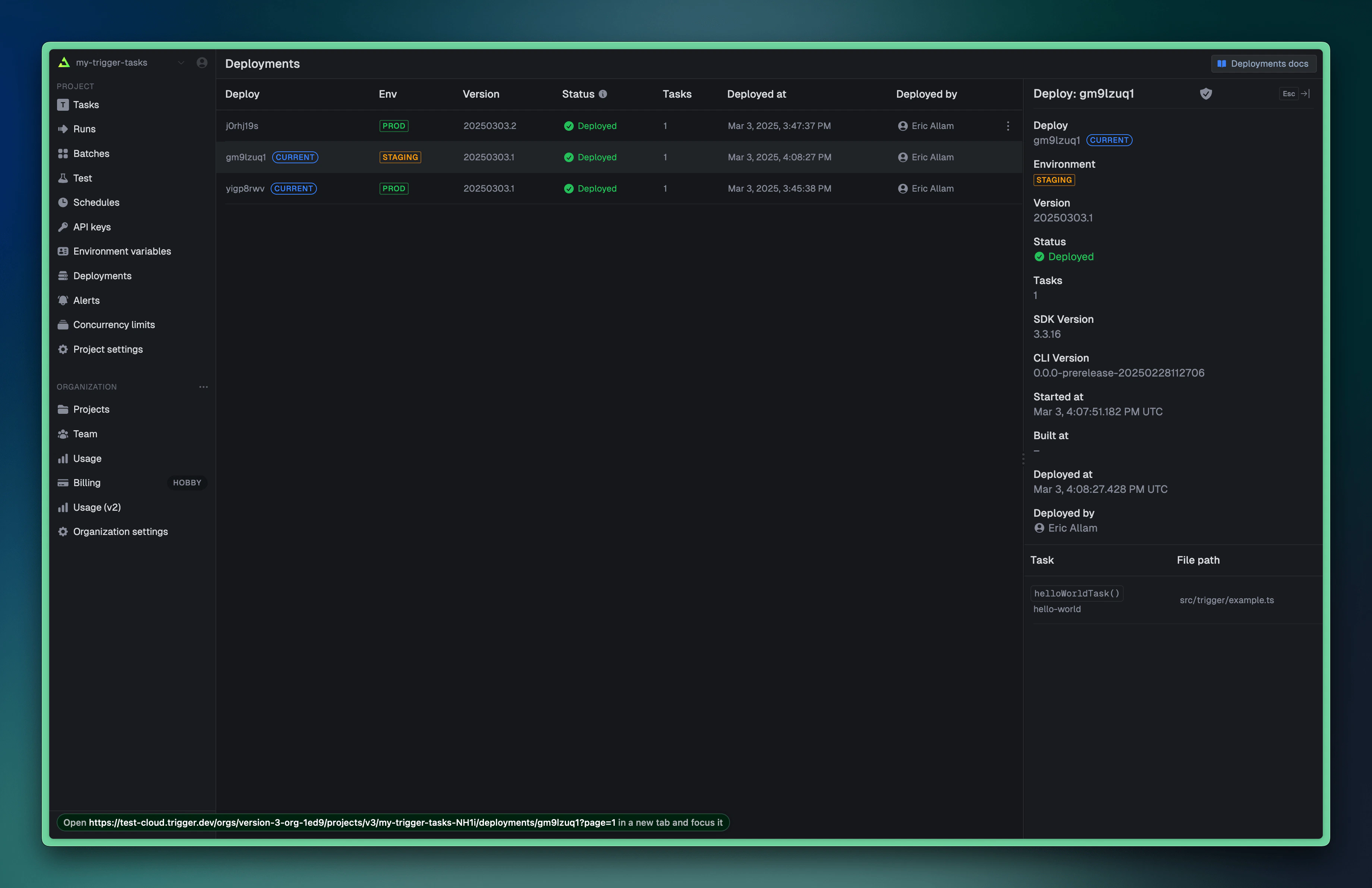 Trigger.dev dashboard showing the staging environment