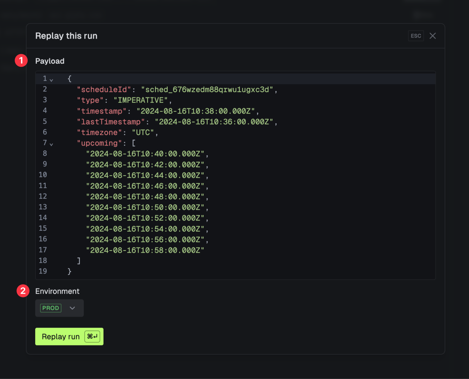 Select a task, then in the bottom right
click "Replay"