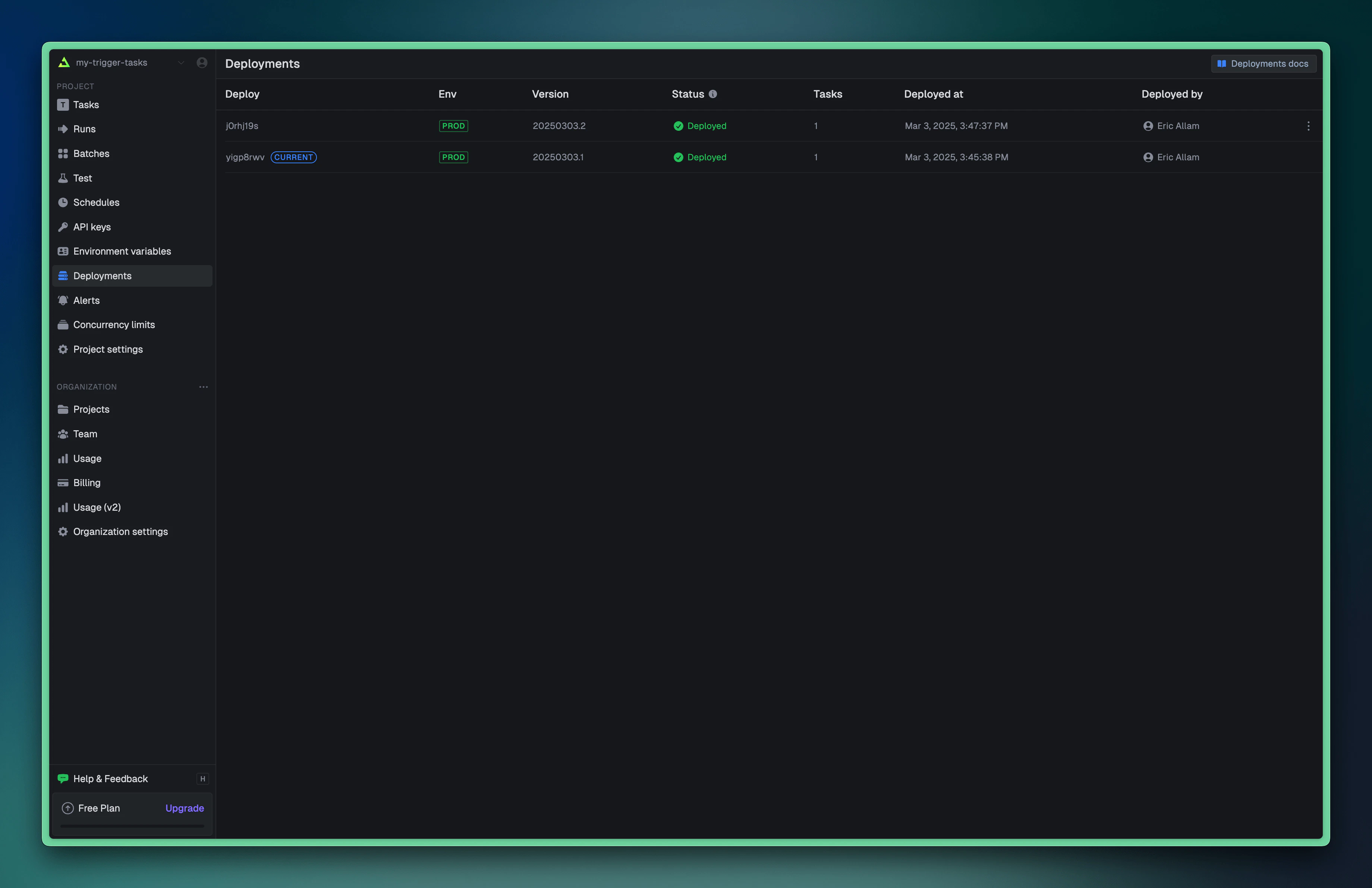 Trigger.dev dashboard showing the latest version deployed but not promoted