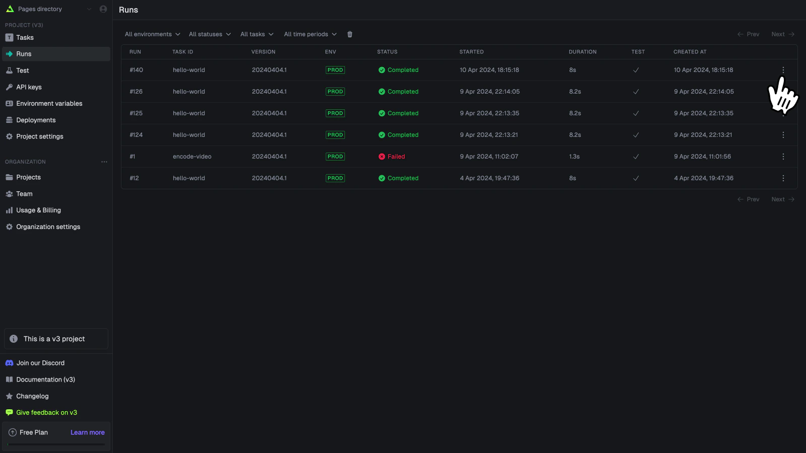 On the runs page, press the triple dot button