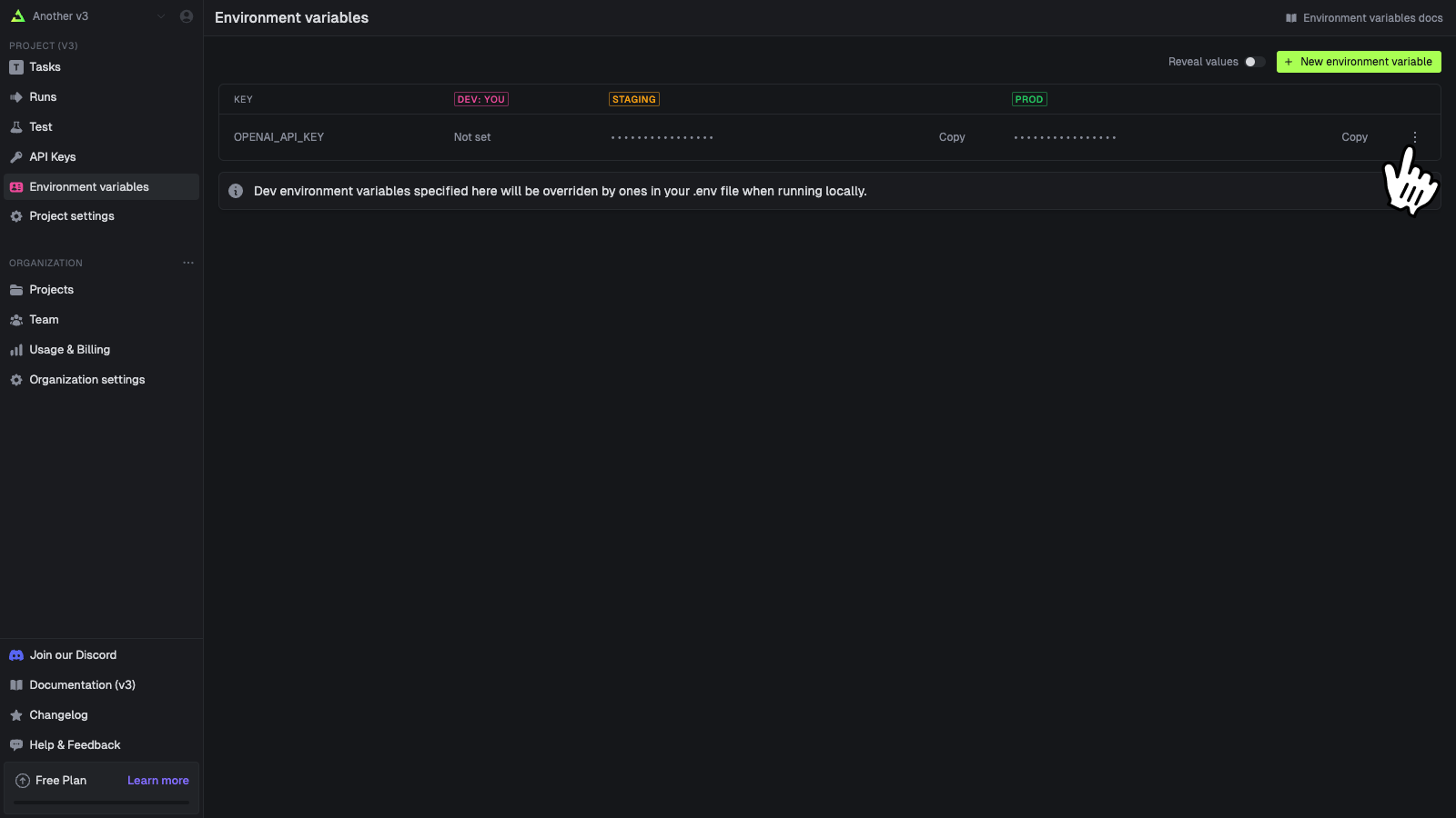 Environment variables page