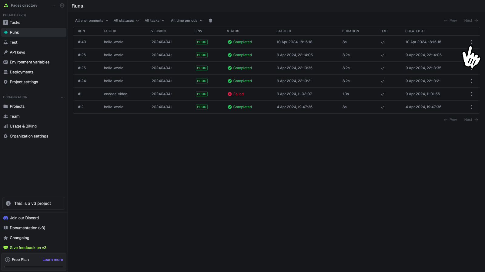 On the runs page, press the triple dot button