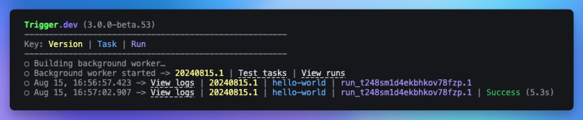 Trigger.dev CLI showing a successful run