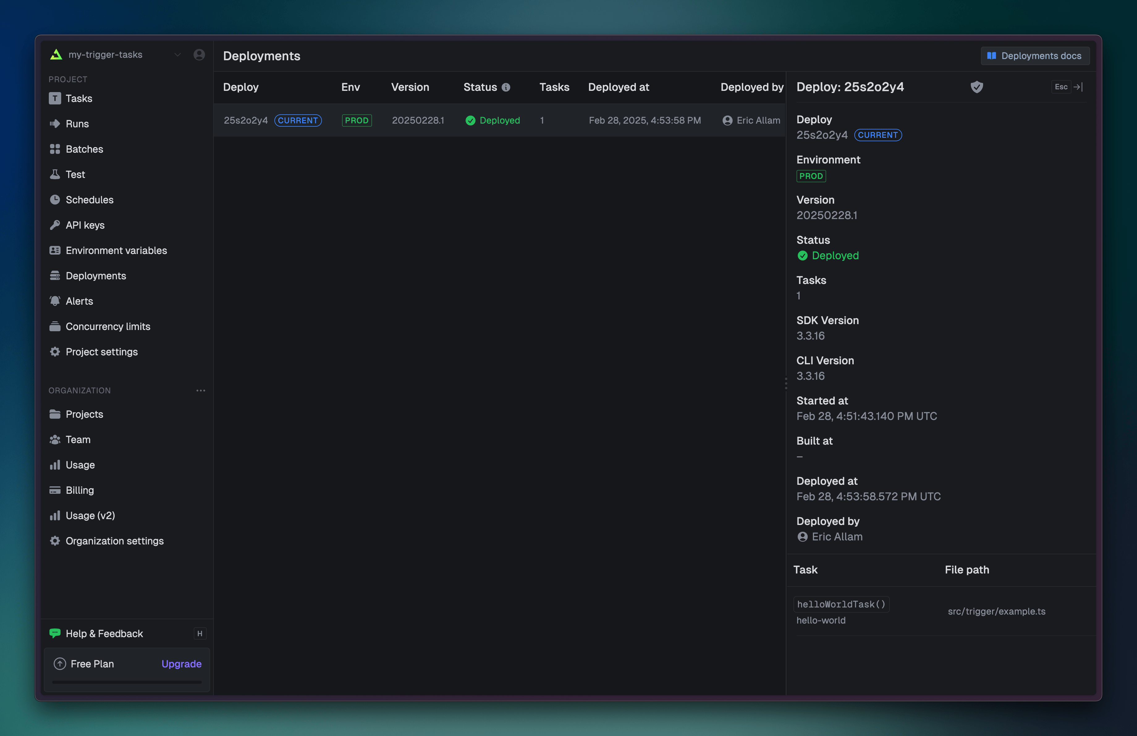 Trigger.dev dashboard showing the latest version deployed