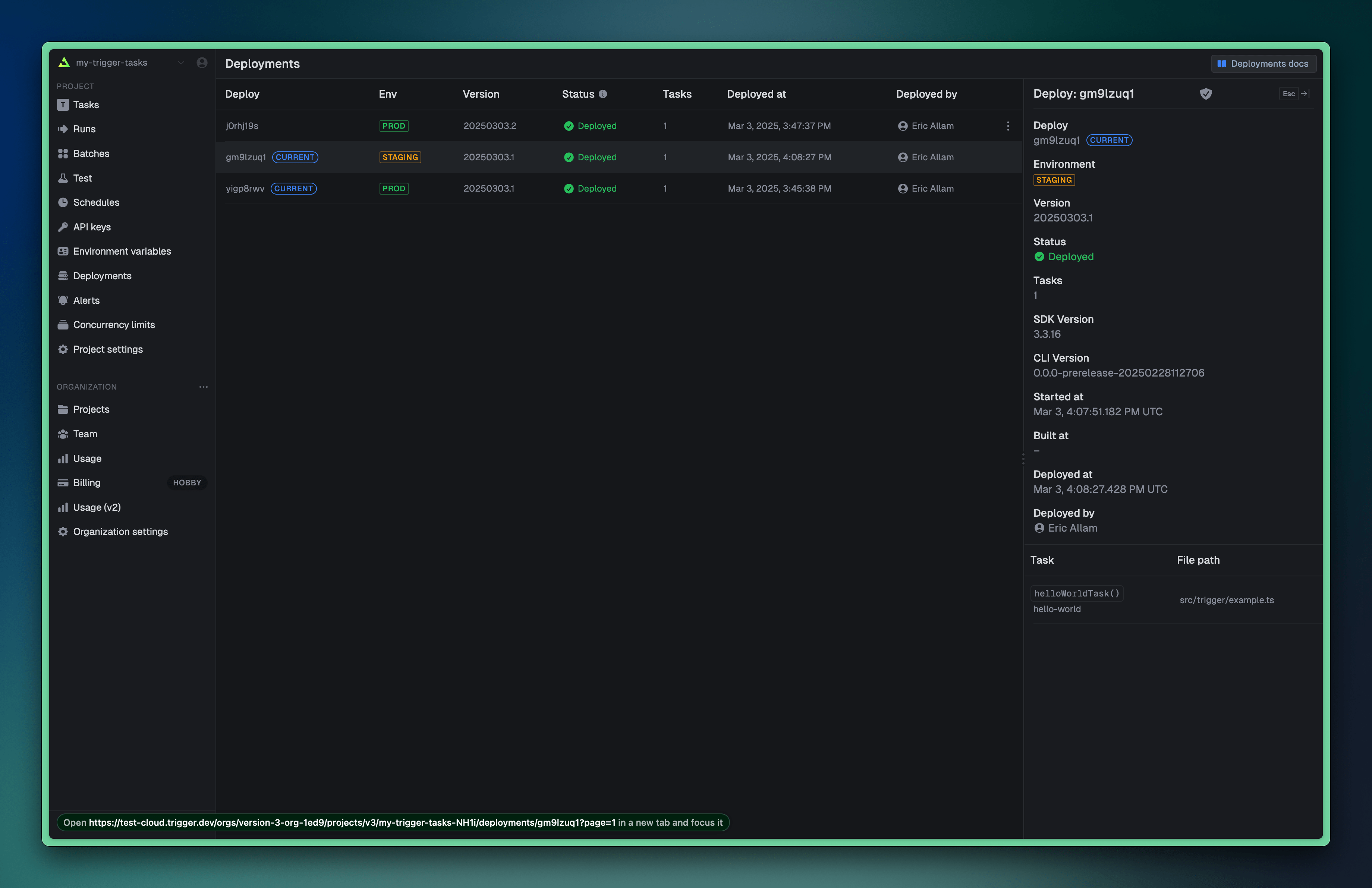 Trigger.dev dashboard showing the staging environment