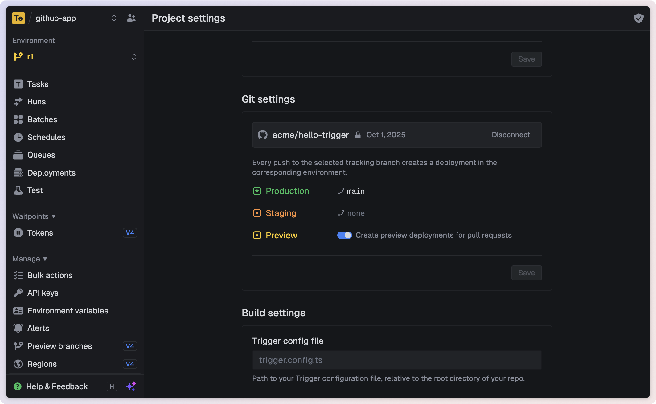Trigger.dev project git settings