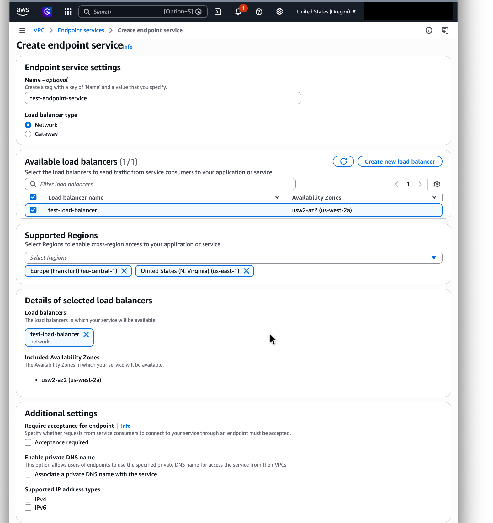Create VPC Endpoint Service form