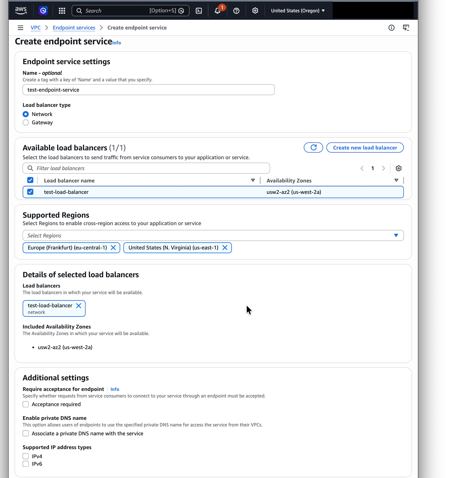 Create VPC Endpoint Service form