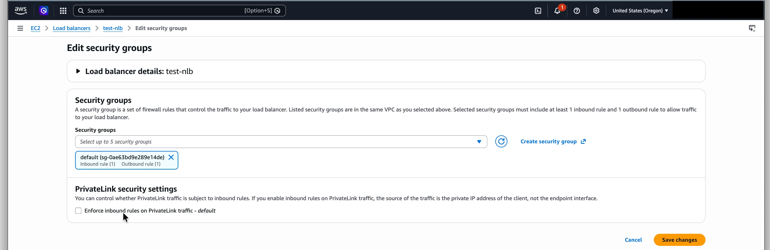 Uncheck Enforce inbound rules on PrivateLink traffic on the NLB