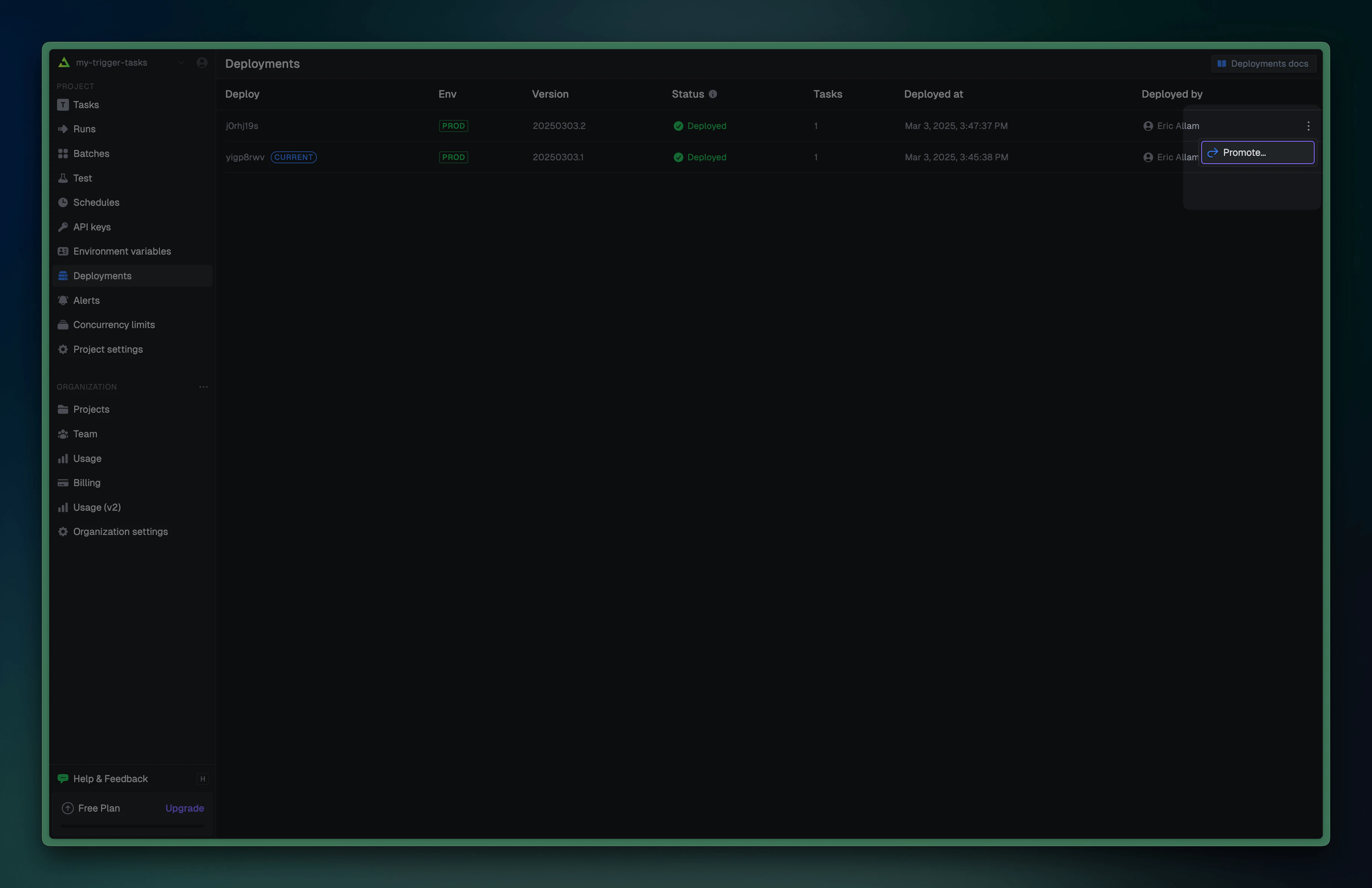 Trigger.dev dashboard showing the promote button