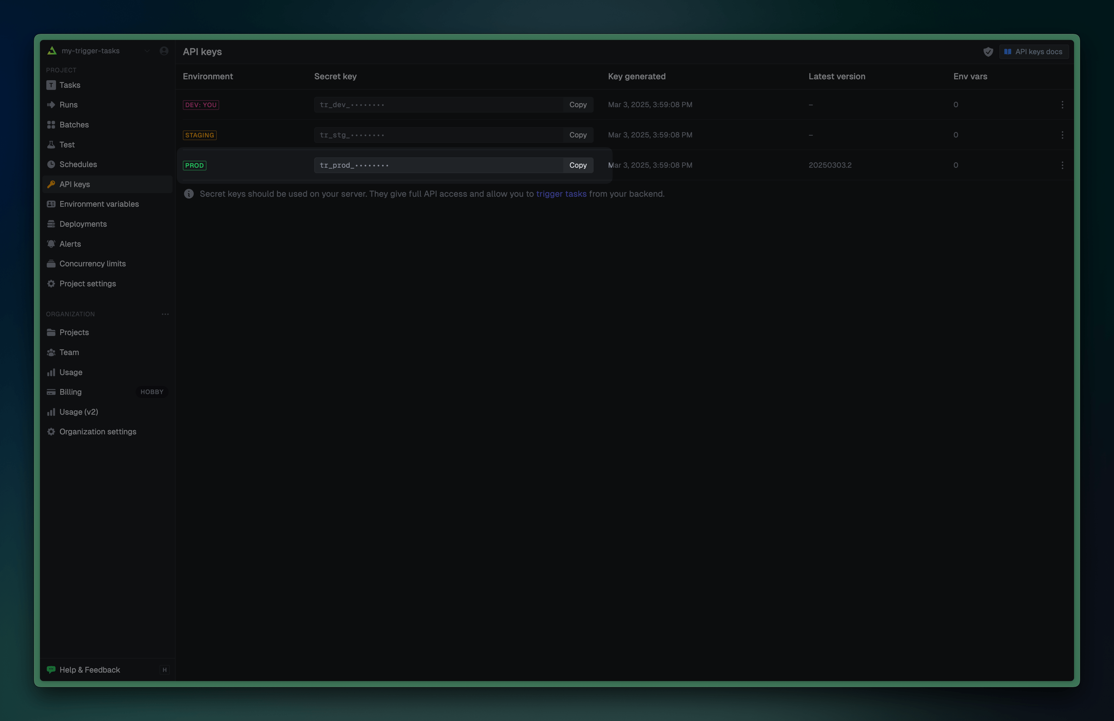 Trigger.dev dashboard showing the API key
