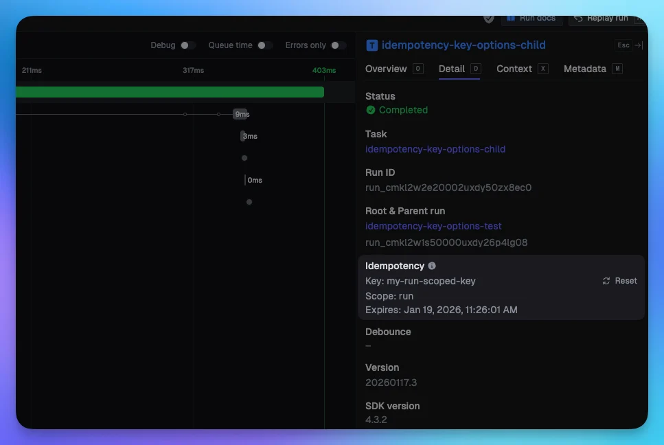 Idempotency section in the run details pane showing the key, scope, and expiration time