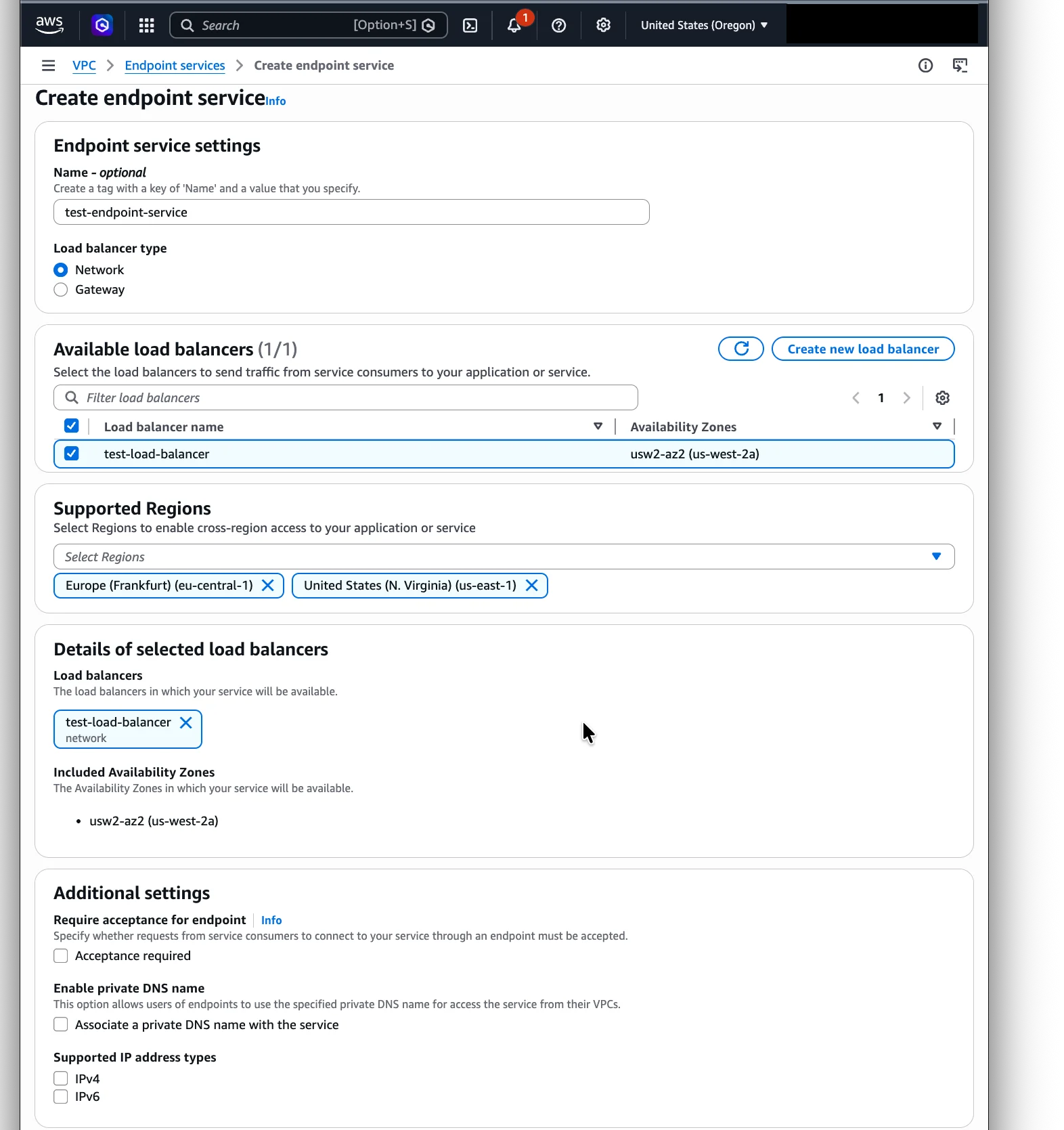 Create VPC Endpoint Service form