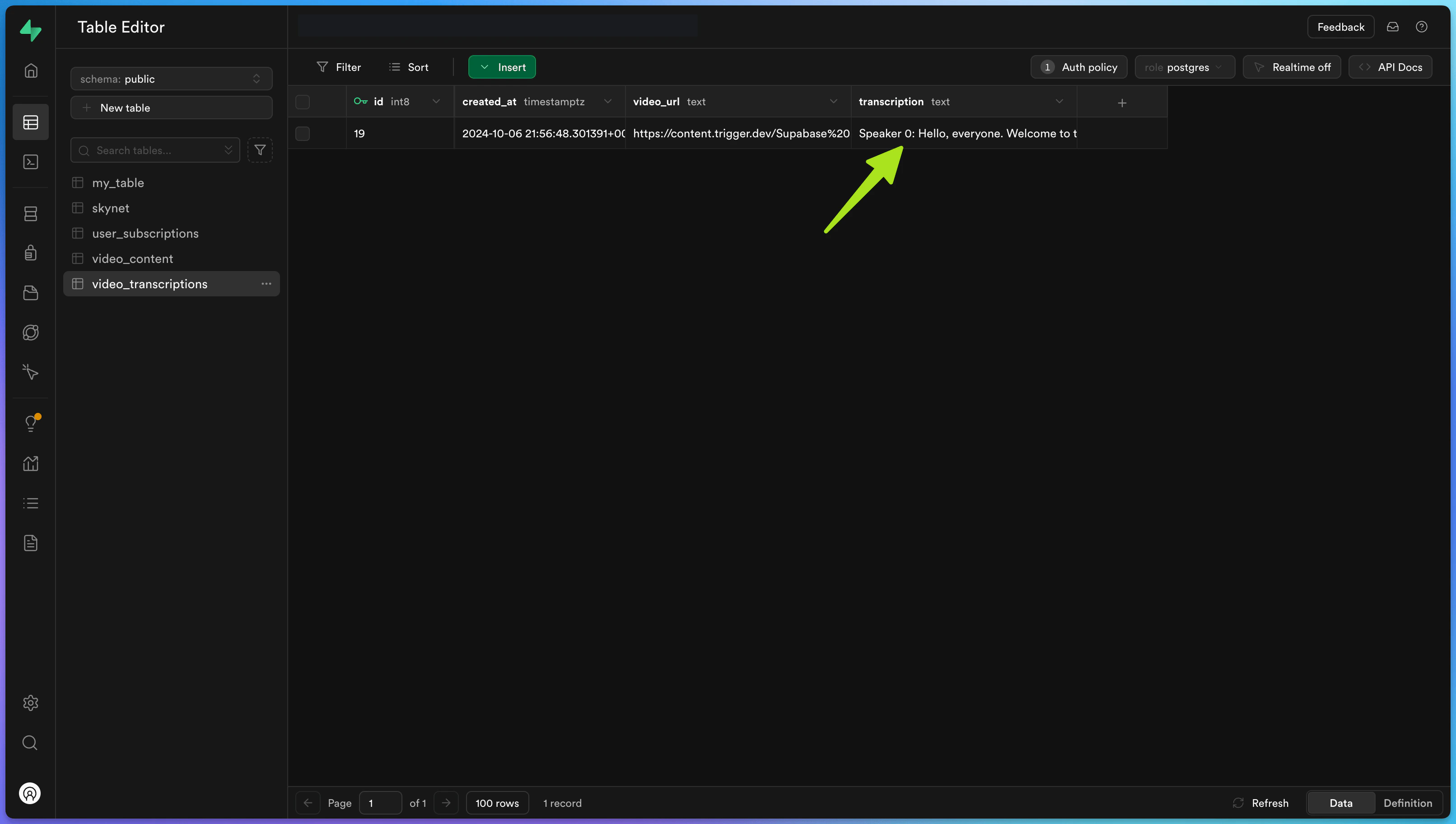 Supabase successful table update