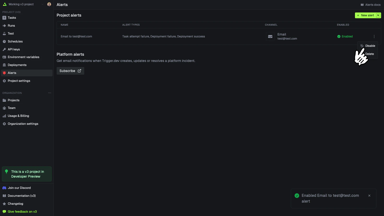 Disable and delete alerts
