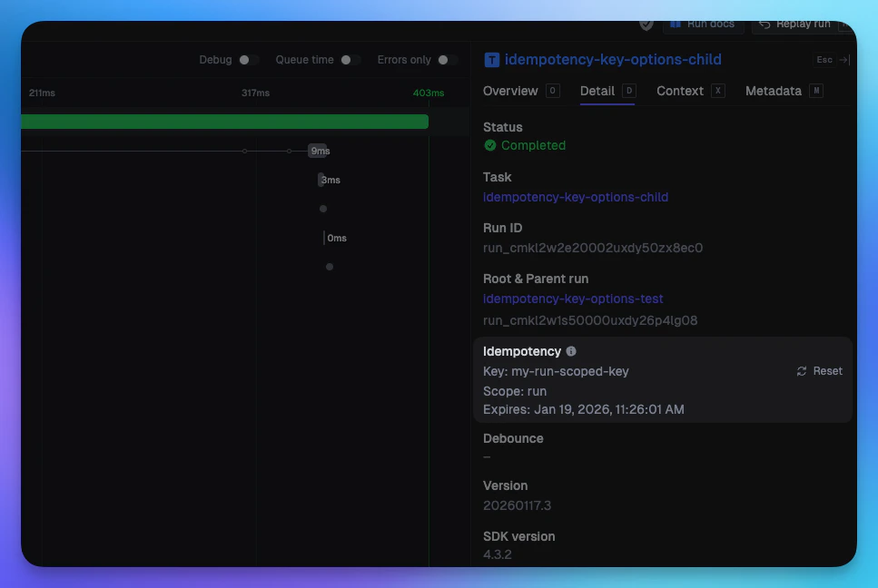 Idempotency section in the run details pane showing the key, scope, and expiration time