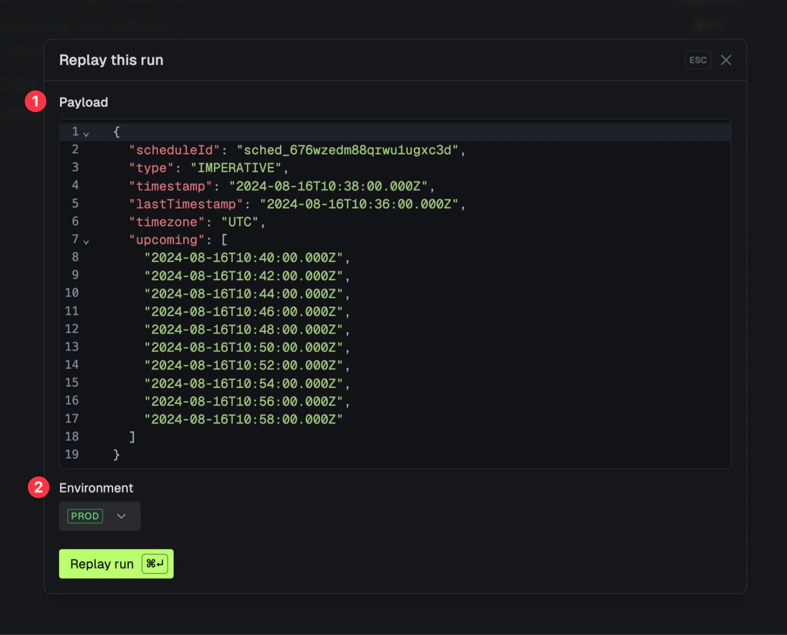 Select a task, then in the bottom right
click "Replay"