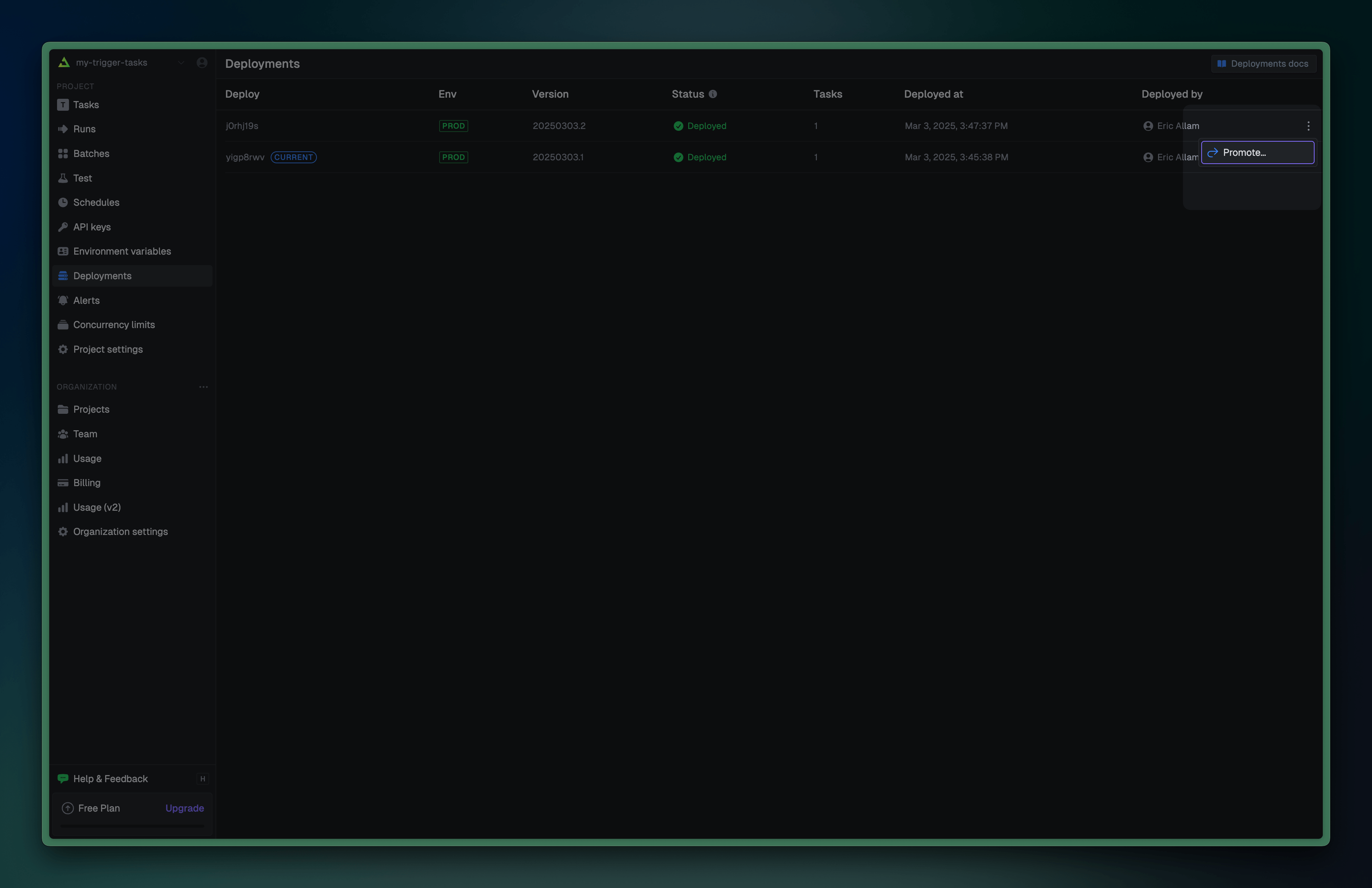 Trigger.dev dashboard showing the promote button