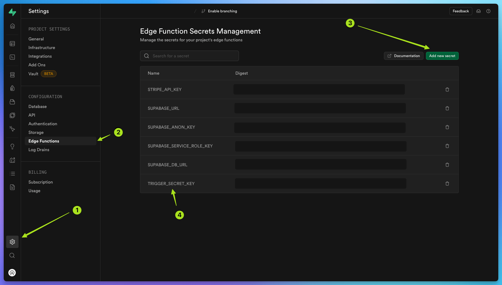 Add secret key in Supabase