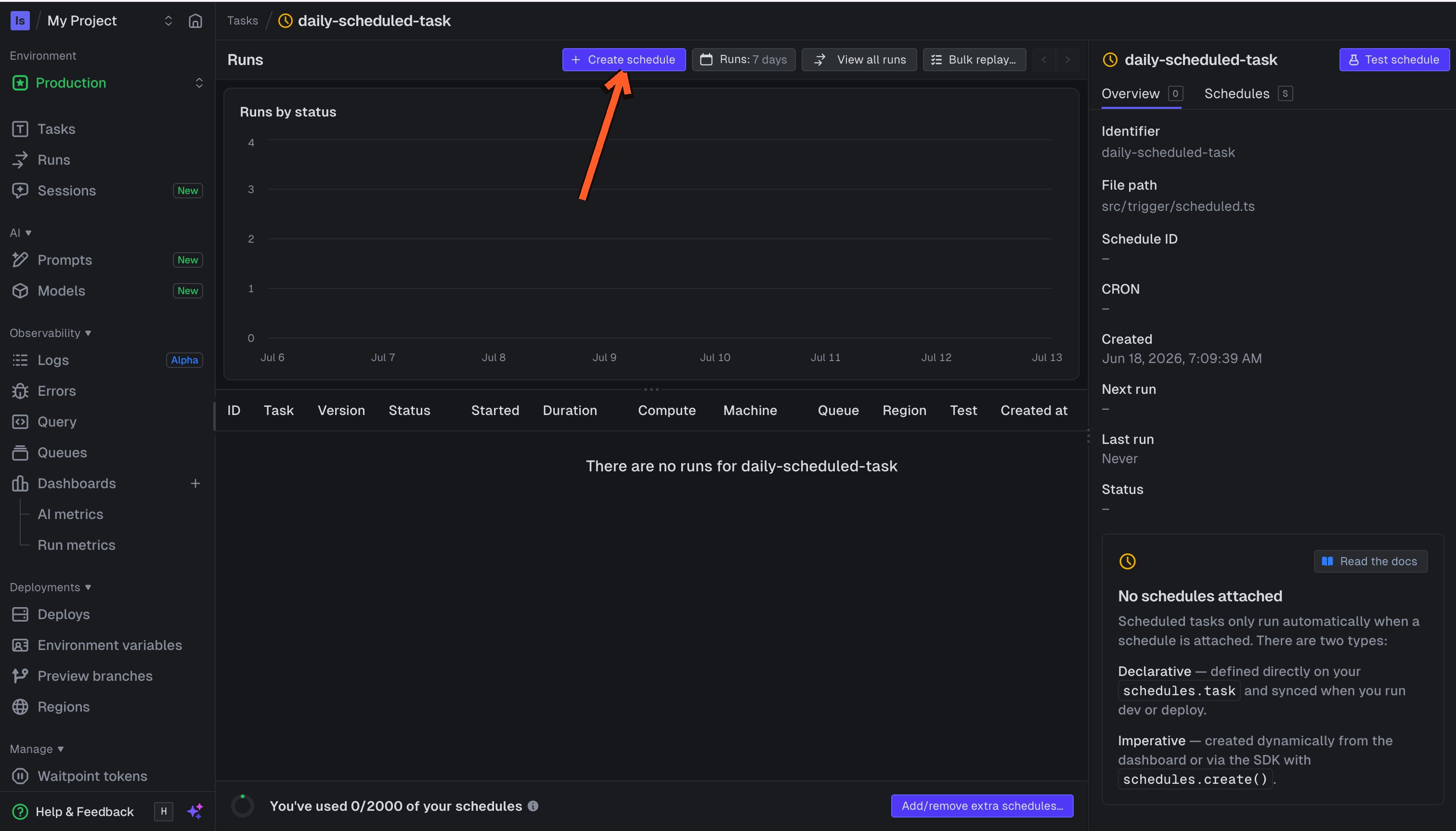 Create schedule form in the dashboard